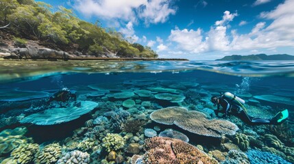 Obraz premium A serene underwater view of snorkelers admiring coral gardens in a marine sanctuary