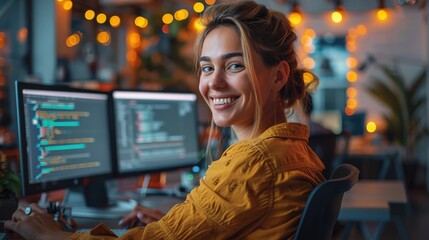 Capture the moment of a lovely, excited woman software developer seated in a comfortable armchair at her indoor workstation, vibrant and lively setting, glad expression