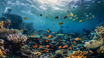 Naklejka premium A serene underwater view of snorkelers admiring coral gardens in a marine sanctuary