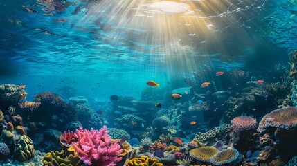 Fototapeta premium A serene underwater view of snorkelers admiring coral gardens in a marine sanctuary