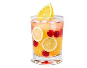 cold fruit-infused mocktail complete with ice chunks and a wedge of lemon on the rim, displayed in an elegant transparent setting.