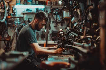 Mechanic Fixing a Bike in a Workshop