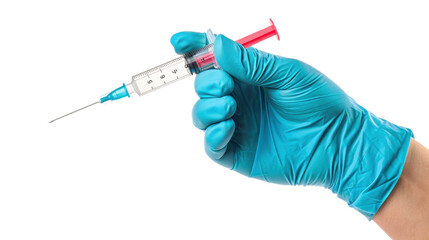 Medical syringe in hand with latex blue glove with liquid for injection isolated on white background