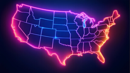 Neon outline of the United States map with a blue, purple and orange glow.