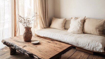 wabi-sabi style, living room, natural wooden coffee table with imperfect edges, linen-covered cushions on a low sofa, cracked ceramic vase with dried flowers, earthy tones and textures, view from the