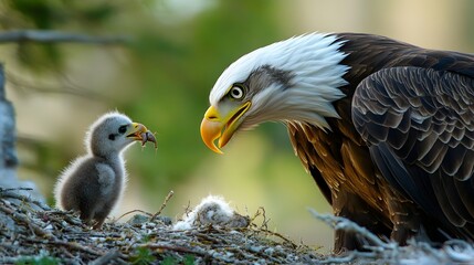 Fototapeta premium Bald Eagle Parent Feeding Its Chick in Nest
