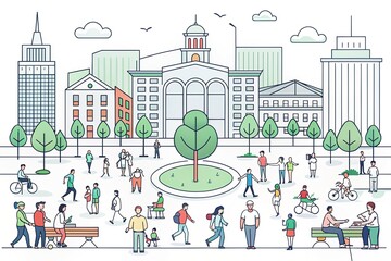 Obraz premium * In this Studio Lightning Minimal Line Art, a timeless Virgil Apple shines in a bustling city square surrounded by people, landmarks, and architecture.