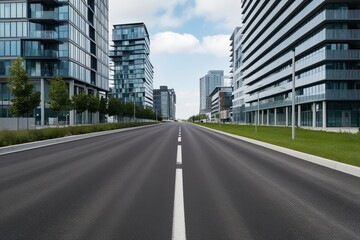 Obraz premium Close-Up of an Empty Asphalt Road Next to Modern City Buildings