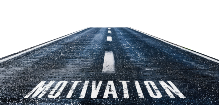 The word "Motivation" written on the black asphalt road, isolated on transparent background