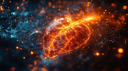 A liver surrounded by swirling ribbons of color and light, representing the complex processes of metabolism and detoxification.