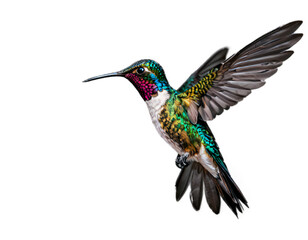 Obraz premium detailed hummingbird hovering with rapid wing beats, capturing the iridescence of its plumage against a transparent background.