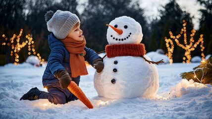 A joyful child playing in the snow, building a snowman with a carrot nose and festive lights in the background.