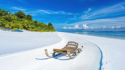 A serene beach landscape featuring a wooden sled against a backdrop of white sand and vibrant blue sky, inviting relaxation.