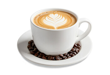 Fototapeta premium freshly brewed flat white in a glossy mug, showcasing detailed foam artwork and several whole coffee beans resting on the side of the saucer, all against a clear transparent background