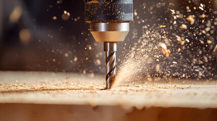 A close-up shot of a drill bit drilling into a piece of wood, with sawdust flying in the air.