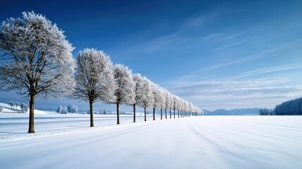 Fototapeta premium A tranquil winter landscape featuring snow-covered trees under a clear blue sky, evoking peace and serenity in a frosty environment.