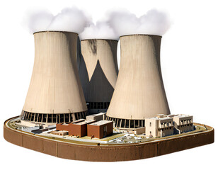 a nuclear power station with distinctive hyperboloid cooling towers and administrative buildings, set against a transparent background.