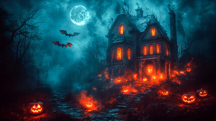 Spooky Delights: Halloween Party Invitation with Haunted House, Bats, and Glowing Candles