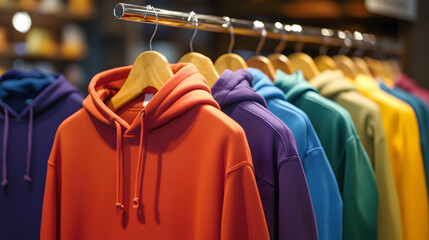 A row of colorful hoodies hanging on wooden hangers in a clothing store.