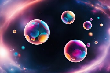 Fototapeta premium Colorful Whimsical Bubbles in Dark Space with Blurry Galactic Background Effects