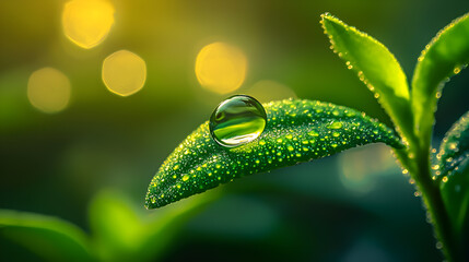 A single dewdrop sits atop a green leaf, illuminated by the morning sun, with a blurred background of more leaves and sunlight.