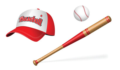 An illustration of a baseball cap, bat, and ball. The baseball cap is predominantly red and white, featuring the word 