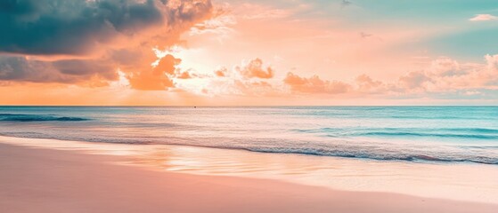 Obraz premium Closeup sea sand beach. Panoramic beach landscape. Inspire tropical beach seascape horizon. Orange and golden sunset sky calmness tranquil relaxing sunlight summer mood. Vacation travel holiday banner