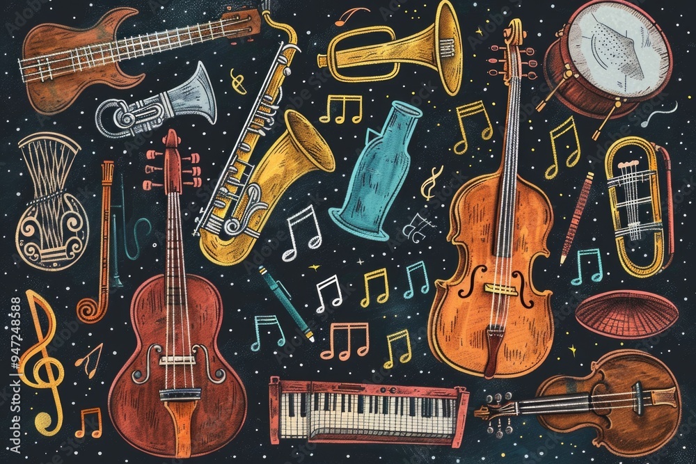 Poster a collection of musical instruments on a dark background, ideal for music-themed projects