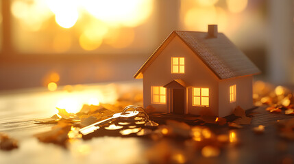 A small white house model with a key in front of it, lit by a warm sunset glow, on a wooden table surrounded by autumn leaves.