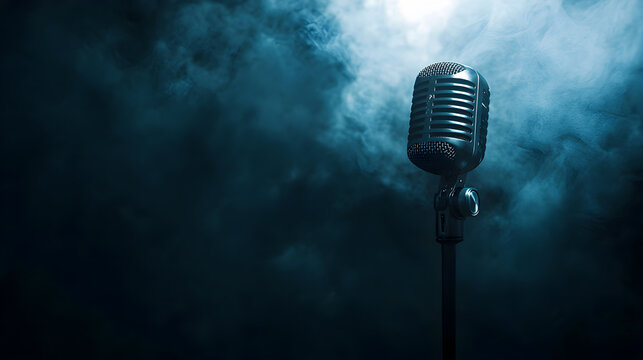A vintage microphone stands alone on a stage with blue smoke.