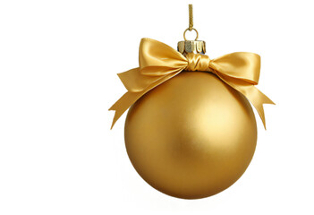 a shiny gold Christmas bauble with a smooth surface and a satin bow, hanging from an invisible thread against a transparent background