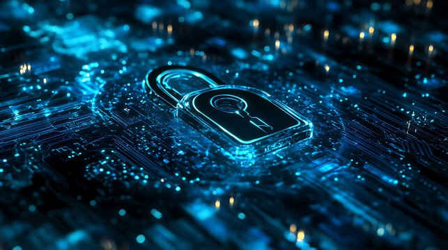 digital key unlocking a secure padlock on a touchscreen device, with a background of encrypted data streams, highlighting cybersecurity and protection