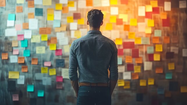 A man stands in front of a wall covered in colorful sticky notes.  The man is contemplating the notes, perhaps brainstorming or planning a project.
