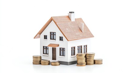 A model house surrounded by stacks of coins, representing real estate investment and financial growth in the property market.