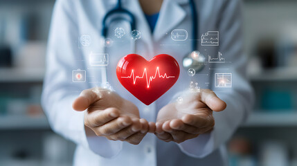 Doctor holding a red heart with a heartbeat line, surrounded by medical icons, representing healthcare and technology.