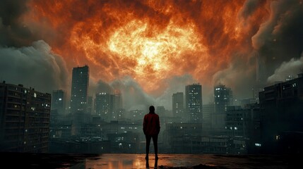 A lone figure stands on a rooftop overlooking a city engulfed in flames.