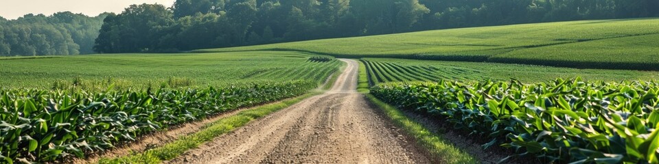 Expansive field featuring a clear road and thriving vegetation for unobstructed views.