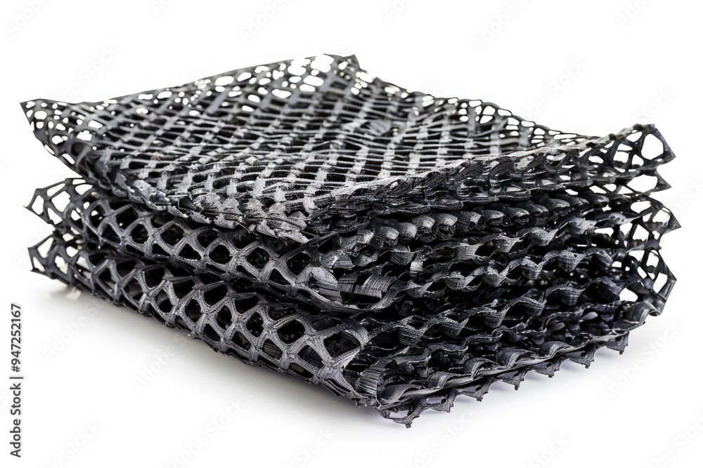 Poster a stack of black mesh bags sitting on top of each other, great for storage or display