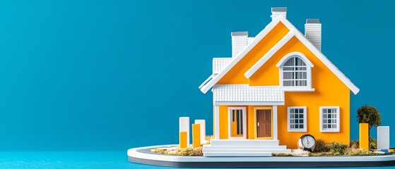 A vibrant yellow model house against a blue background, perfect for real estate marketing and home design concepts.