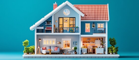 Stunning miniature house model with vibrant colors, showcasing intricate details in architecture and cozy interior design.