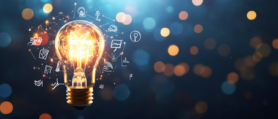 Glowing light bulb with abstract icons and bokeh background, symbolizing new ideas, innovation, and inspiration.