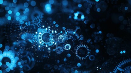 Obraz premium Abstract Blue Glowing Cogwheels and Bokeh