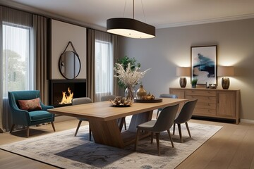 Elegant Oak Wood Dining Room with Modern Decor 3D Visualization