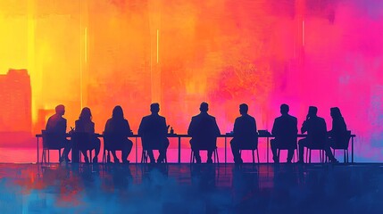 Silhouettes of business people meet against an abstract background, their outlines blending with the dynamic, vibrant patterns of modern design.