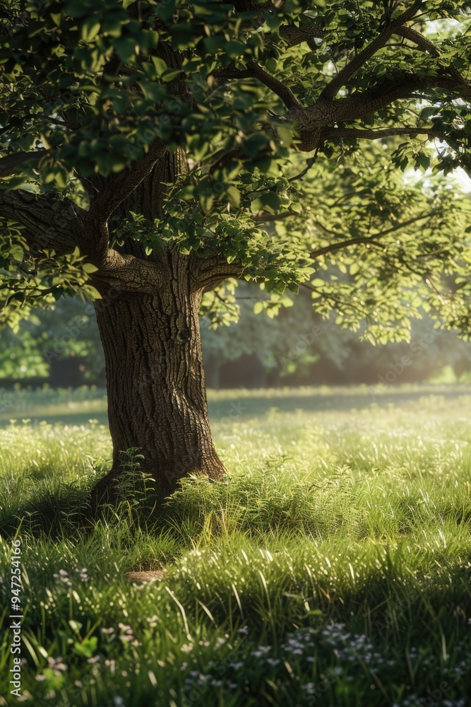 Poster a single tree standing tall in a lush green meadow