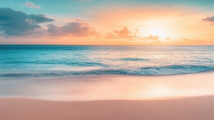 Closeup sea sand beach. Panoramic beach landscape. Inspire tropical beach seascape horizon. Orange and golden sunset sky calmness tranquil relaxing sunlight summer mood. Vacation travel holiday banner