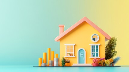 A vibrant yellow house model surrounded by colorful plants and coins, representing home investment and financial growth.