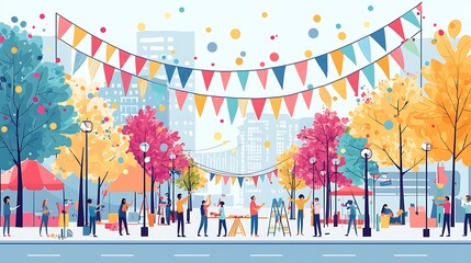 Obraz premium A festive street market buzzes with flags and celebrating people, the vibrant atmosphere filled with colors, sounds, and community spirit.