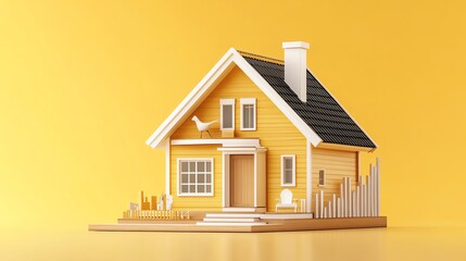 A charming yellow house model with a garden and a white picket fence, set against a vibrant background, ideal for home-themed projects.