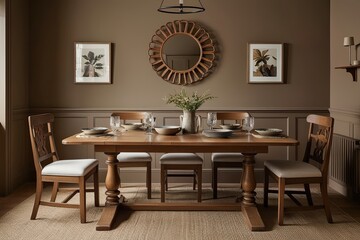 Cozy Vintage Oak Dining Table Set with Warm Taupe Walls and Elegant Tableware